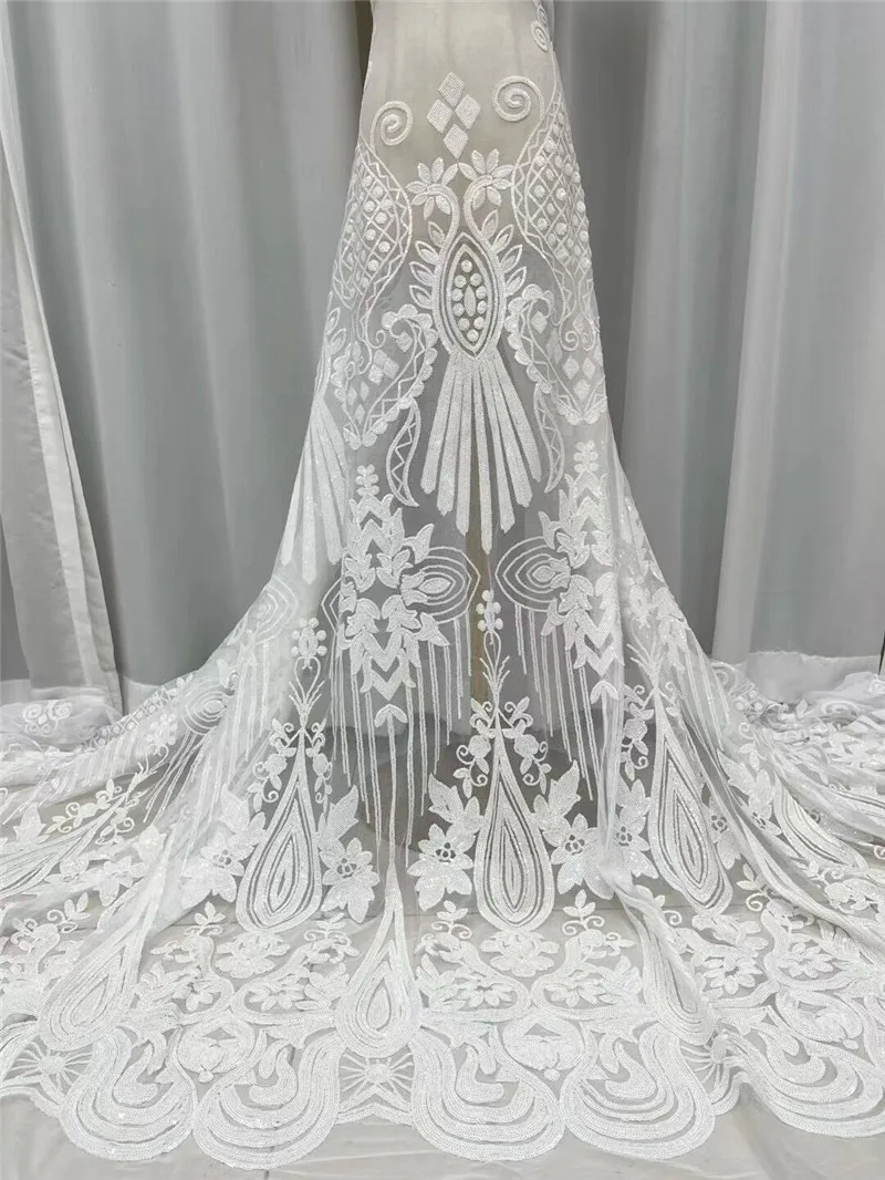 

New White Bridal French Net Fabric Sequins Tulle Lace Material Embroidered African Mesh Dentelle Africaine Tela Tissu Sewing JN8
