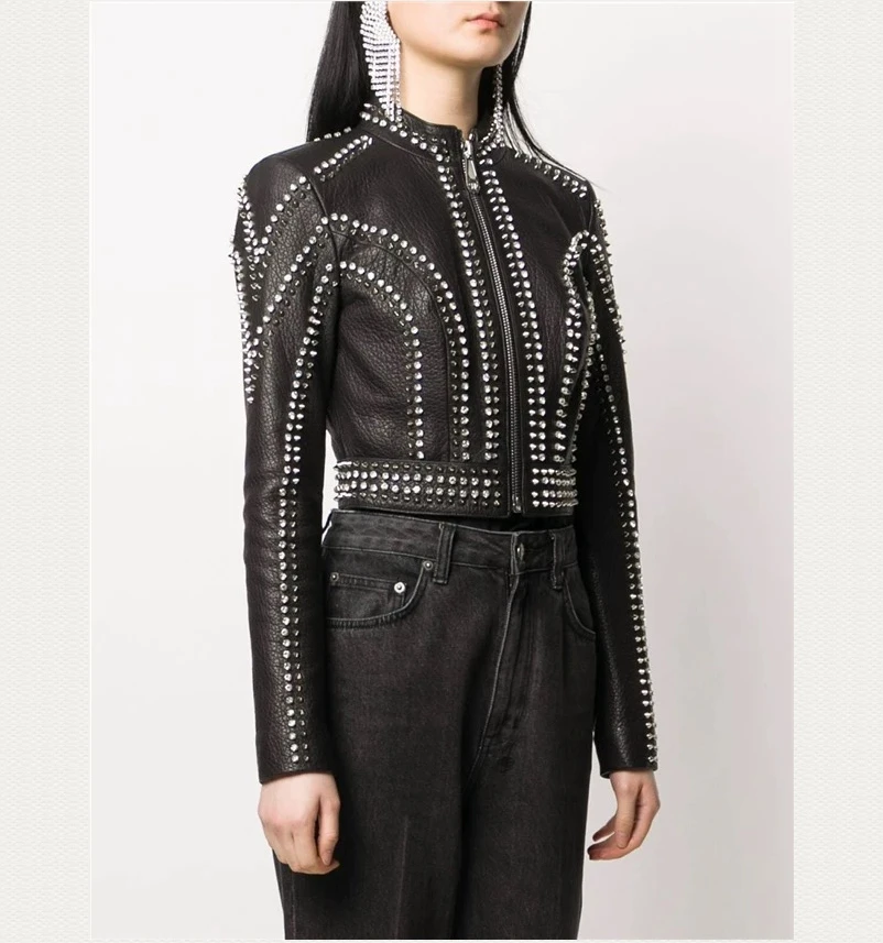 

Женские пальто 100%, 2020, модные женские Куртки из натуральной овечьей кожи со стразами