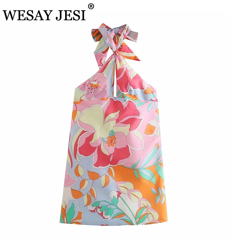 

WESAY JESI Women Clothing Dresses TRAF ZA 2021 Floral Printing Vintage Backless Mini Halter Dress A-Line Girls Street Outfits