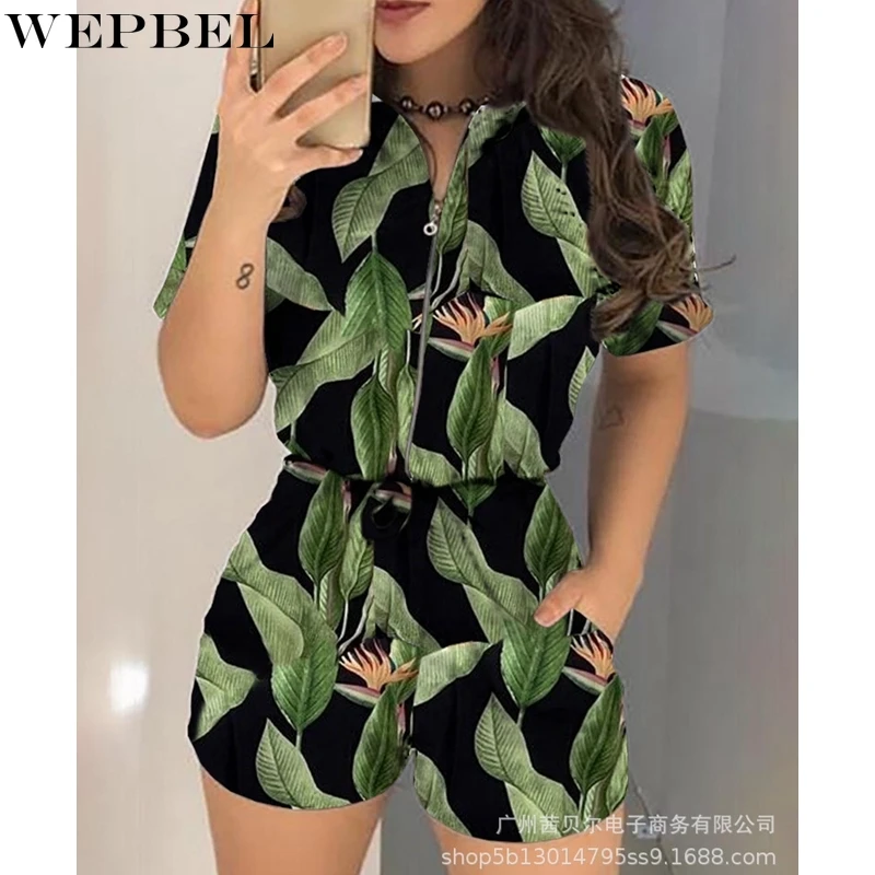 

WEPBEL Playsuits Women's Fashion Loose Printed Pocket Playsuits Summer Casual Short Sleeve V-neck Straight Playsuits