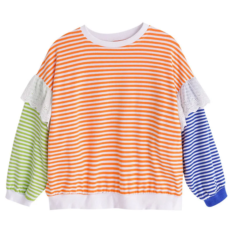 

Striped Patchwork Loose Sweatshirts Little Big Girls Lace Long Sleeve Hoodies Kids Autumn 2020 Sport Tops Clothing Child Hoody