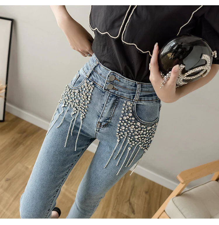 

Rhinestone Tassel Bead Pencil Pants for Woemn 2021 Spring and Summer New All-Matching Slim Fit High Waist Tight Jeans Ladies