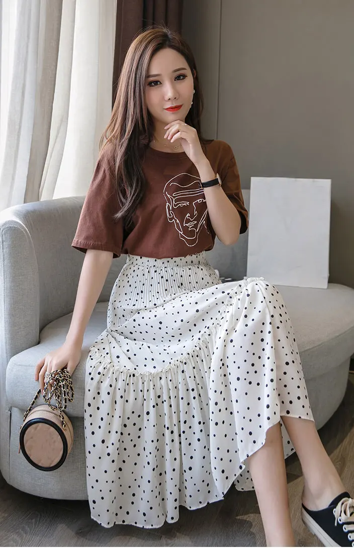 Faldas Mujer 2020 Spring/Summer A-Line Skirts Women High Waist Dot Chiffon Casual Jupe Femme Saias Bohemia Outwear | Женская одежда