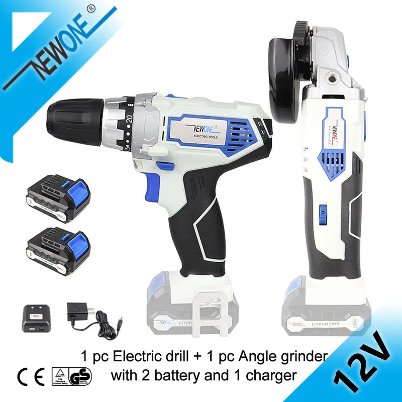 NEWONE 12 в 2000 мАч электроинструменты угловая шлифовальная машина и электрическая дрель с двумя литиевыми батареями и одним зарядным устройством