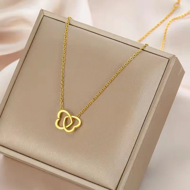 Double Heart Necklaces For Women Stainless Steel Pendant Gold Chain Chokers Heart-shaped Necklace Wedding Jewelry Gift Femme | Украшения и