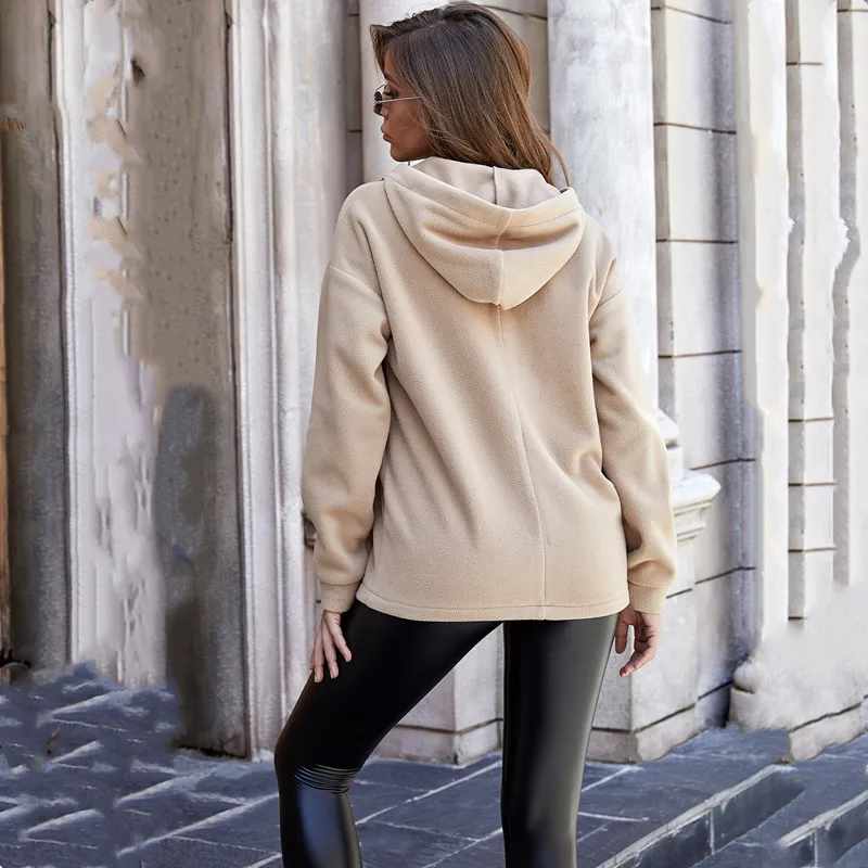 

Autumn Winter Fashion Hooded Loose Sweatshirt Women's Long-sleeved Solid Color All-match Pullover Khaki Zipper Hoodies Woman