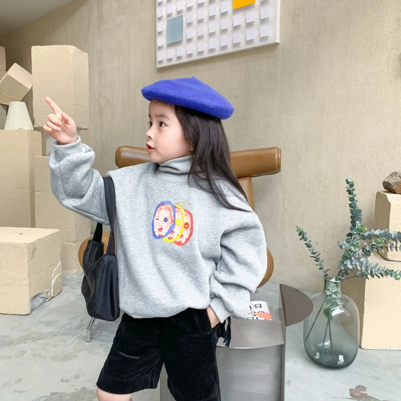 2021 Fall Winter Plus Velvet Kids Baby Girls Sweater Warm Keep High Collar Tops Fashion Print T shirt Children Clothes | Детская одежда