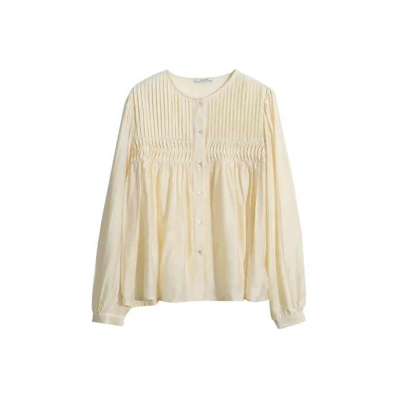 

TVVOVVIN O-neck Puff Sleeve Pleated Shirt 2021 Spring New Korean Single Breasted Spliced Loose Sweet CardiganYGB3