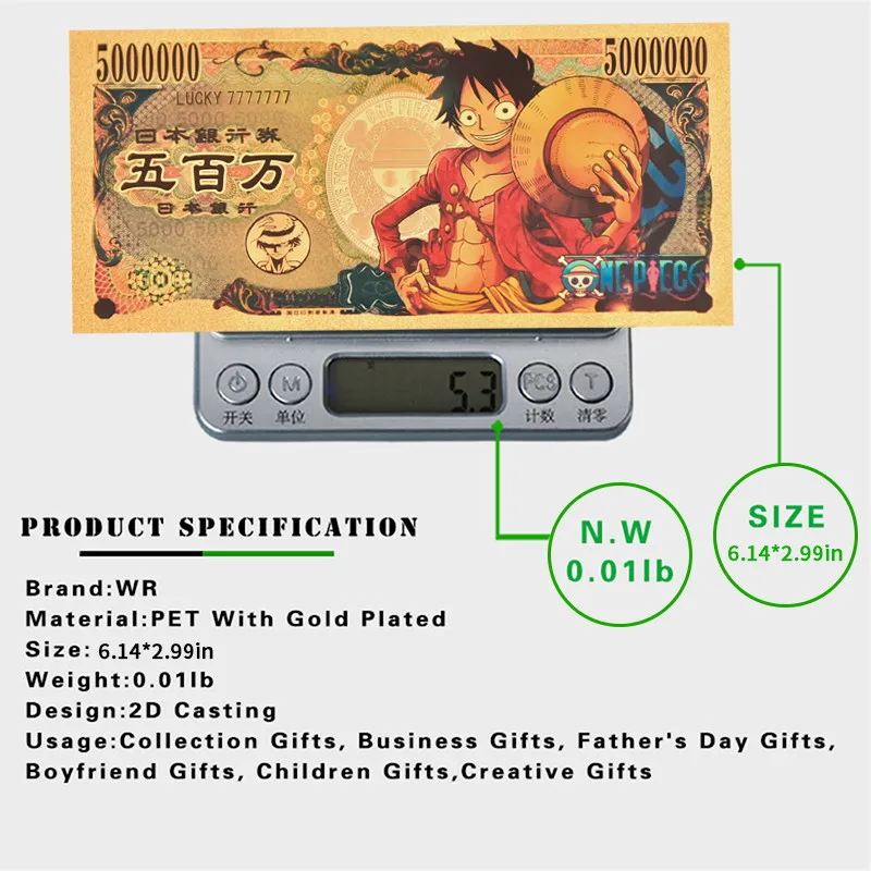 Японское аниме цельный мультяшный Золотой фольгированный банкнот искусственная