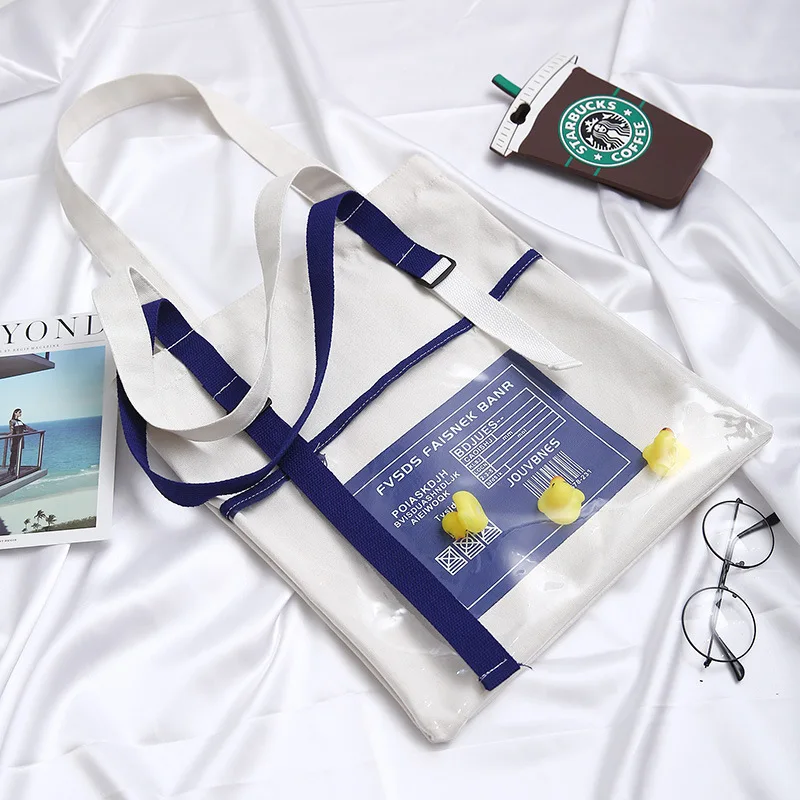 

2021 canvas shoulder bag ladies wide shoulder strap letter fashion messenger female bag little yellow duck transparent bag