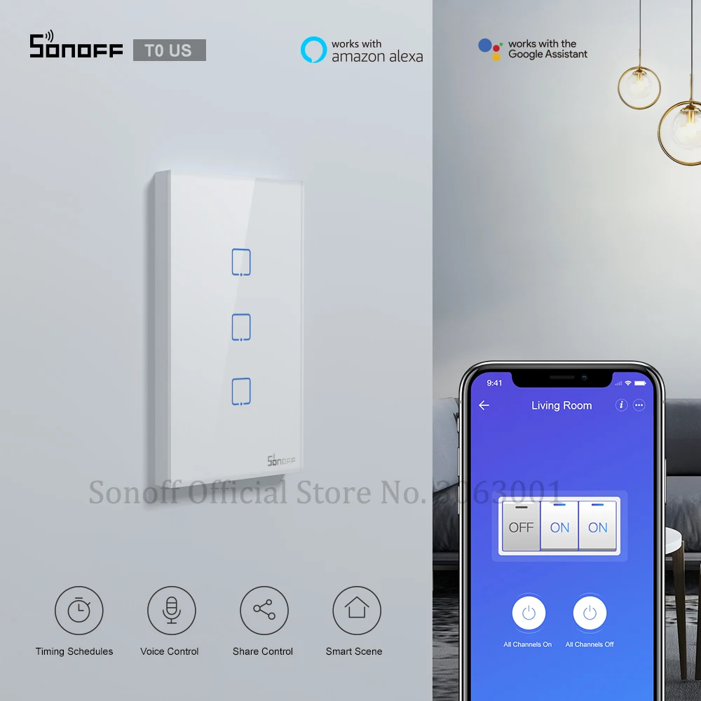 SONOFF T0US TX Wifi Smart Wall Light Switch Timer 1/2/3 Gang Support Voice/APP/Touch Control Works With Alexa Google Home IFTTT