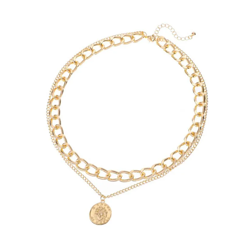 

Double Layer Thick Chain Necklace Portrait Pendant For Women Punk Jewelry Gold Silver Color Long Necklaces Gift Colar Masculino