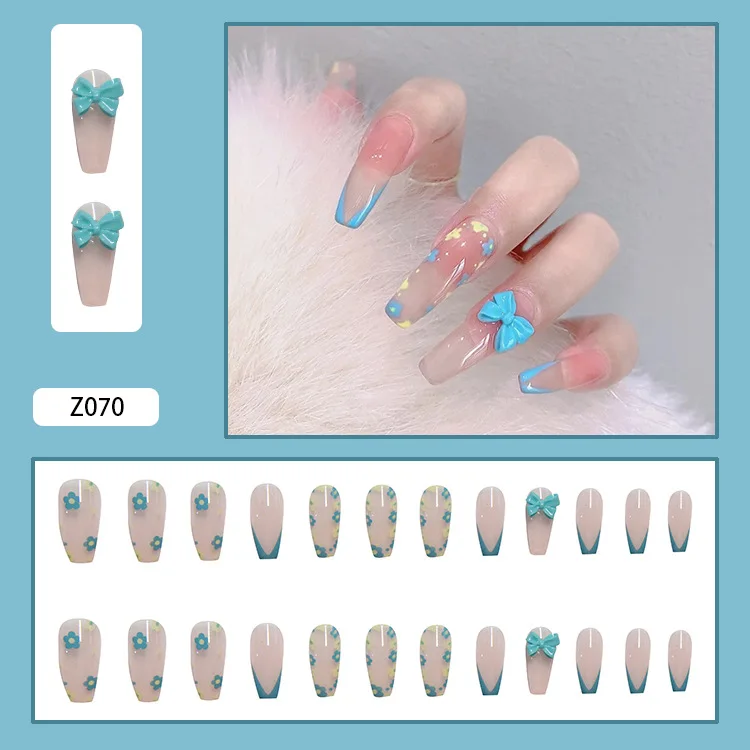 

24pcs Fake Nails With Design Smal Flower Printed Bow Type Removable Long style Fashion Manicure False Nail with glue Press On TO