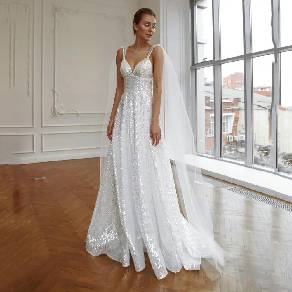 

Cheap White Sequined A Line Boho Wedding Dress 2020 Bridal Gown Deep V Neck Spaghetti Strap Long Bride Dress