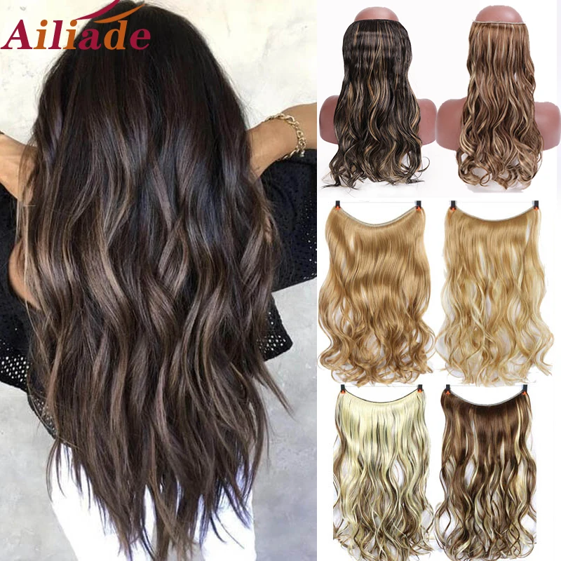 AILIADE Для женщин невидимая проволока Наращивание волос Синтетические 22 дюйма Secret