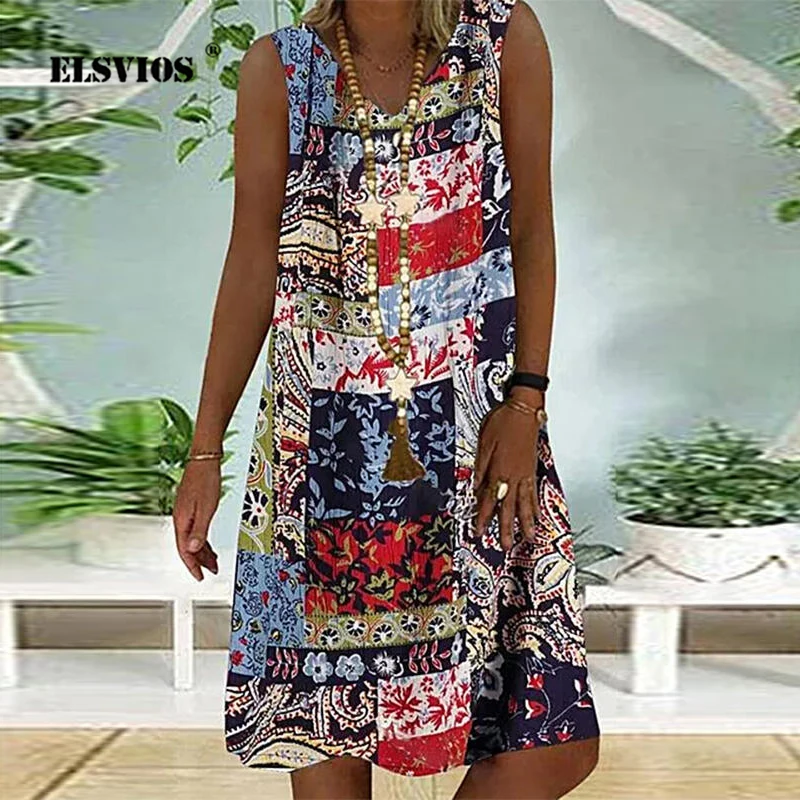 

Женское платье на бретелях, повседневное свободное платье средней длины с винтажным принтом, с V-образным вырезом, весна-лето размера плюс