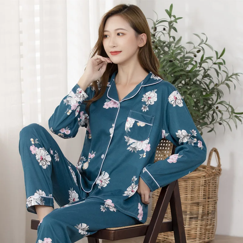Autumn and Winter Cotton Ladies Pajamas Lapel Cardigan Long-sleeved Trousers Two-piece Casual Loose Fashion Home Service