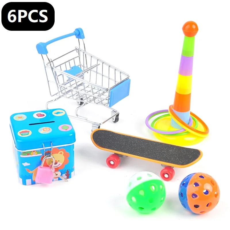 

5/6/7 Pieces Bird Training Toys Parrot Intelligence Toy Mini Shopping Cart Skateboat Furrule Tower Bell Ball Funny Bird Toy