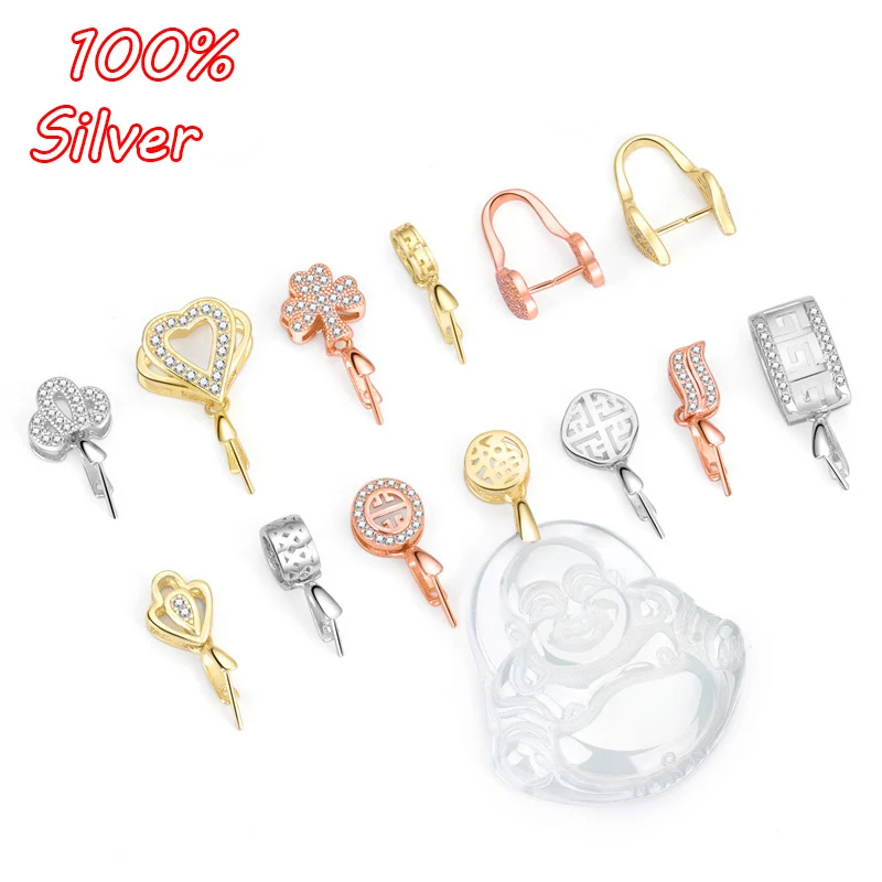 S925 Sterling Silver Pendant Buckle Jade Clip Buckle Inlaid Zircon  Buckle DIY  Jade Buckle Jewelry Making Accessories Wholesale