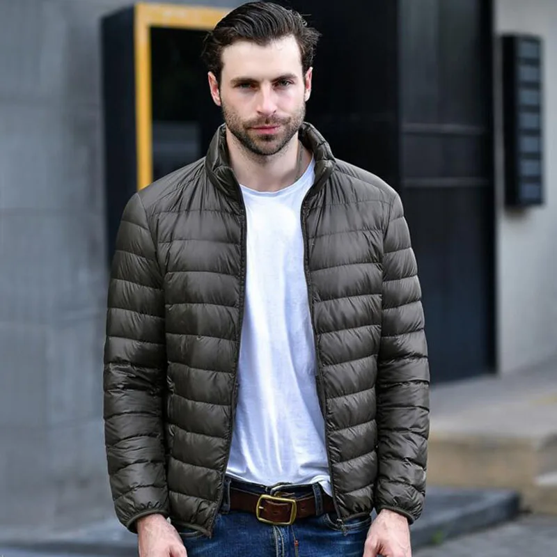 Solid Striped Mens Autumn Coats Garment Light Thin Style 2019 Fashion Male Fall Basic Jackets Warm Duck Down Filler Stand Collar | Мужская
