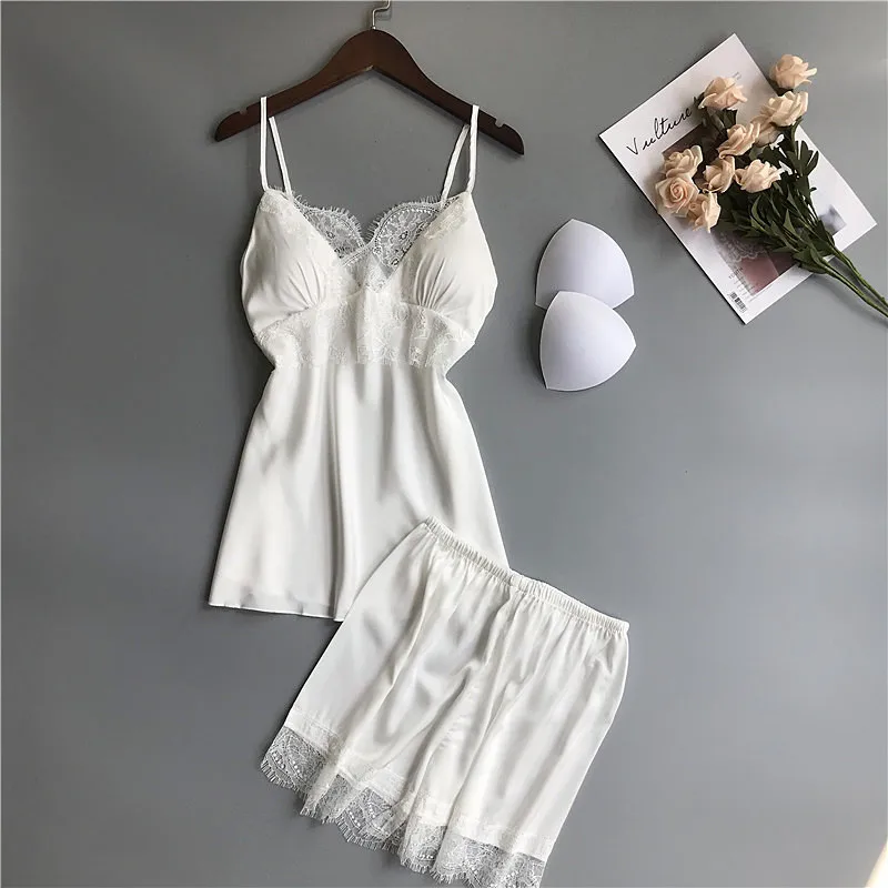 Сезон весна лето женские атласные пижамы комплекты с шортами Пижама без рукавов