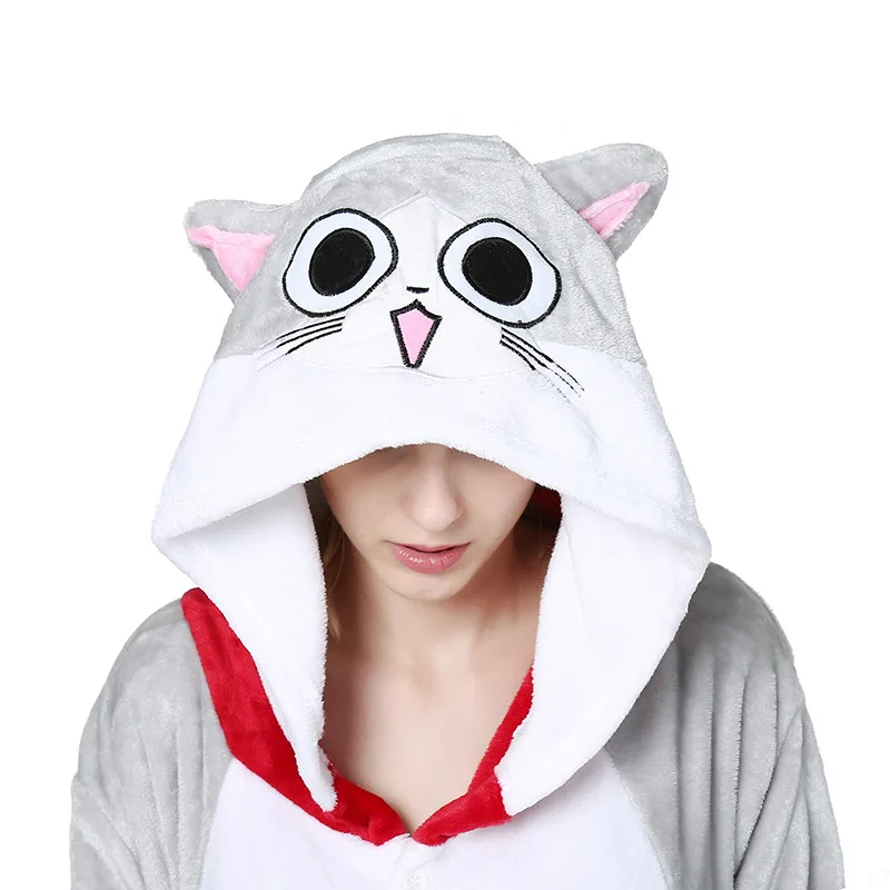 New Adults Animal Pajamas Cartoon Sleepwear Chis Cat Sweet Home Pajamas Sets Anime Kigurumi Women Men Warm Flannel Hooded