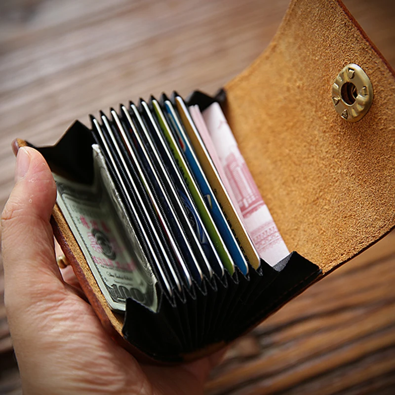 

SIMLINE Genuine Leather Credit Card Holder Wallet For Men Vintage Handmade Short ID Business Card Holder Coin Purse Money Bag