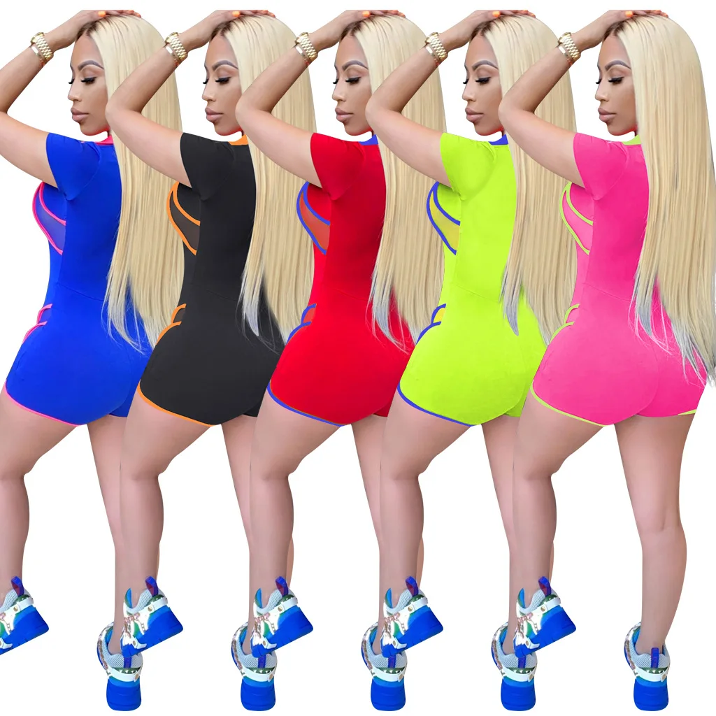 Женский Короткий комбинезон неоновый сетчатый в стиле пэчворк уличная одежда