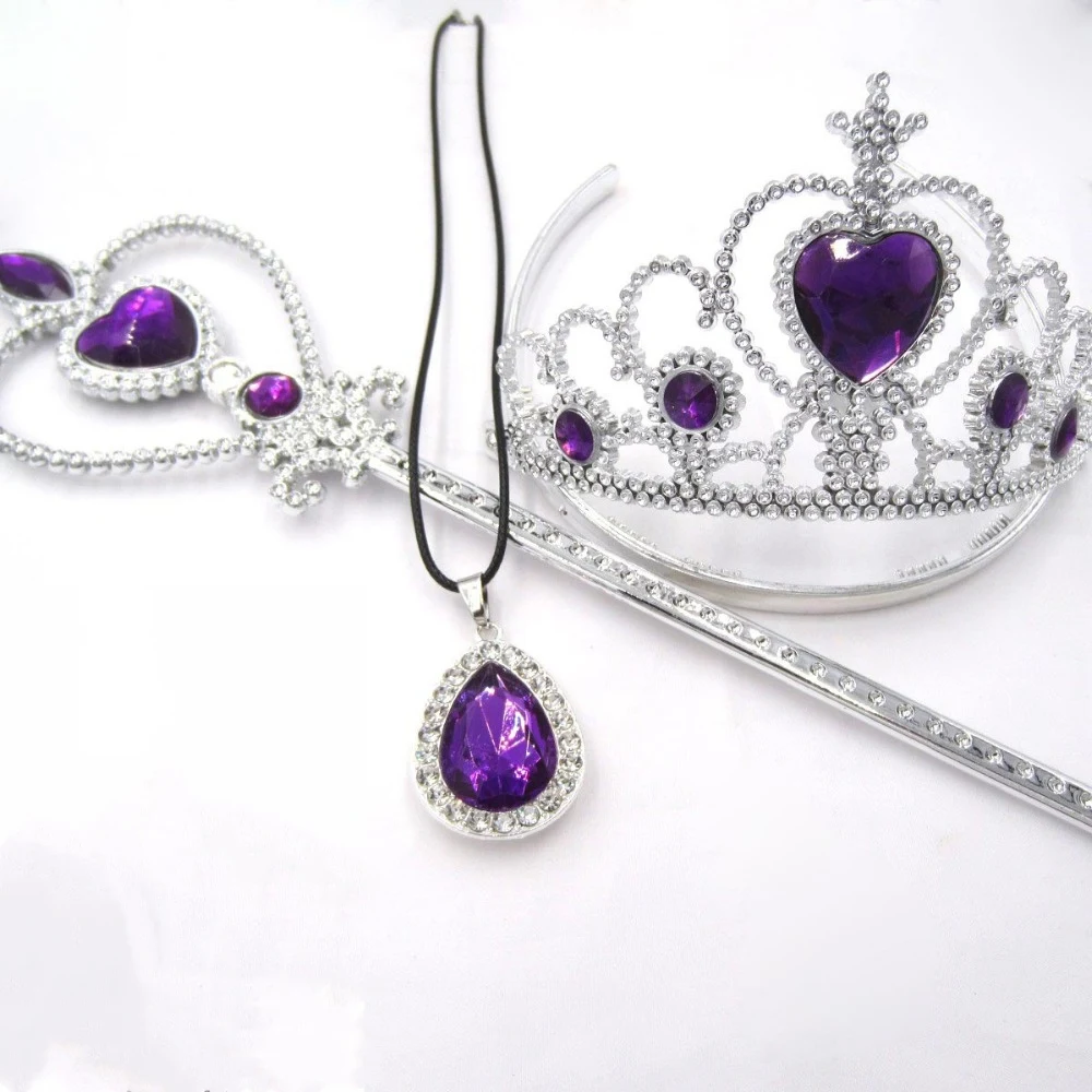 

3pcs/set NEW Baby Girls Presents The First Purple Teardrop Amulet Pendant PU Leather Necklacs Tiara Crown Magic Wand Jewelry Set