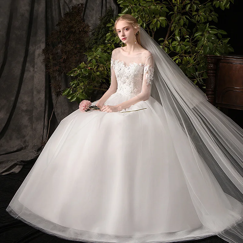 LAMYA Illusion Half Sleeve Boat Neck Bridal Dress Ball Gowns Spaghetti Straps Ivory Tulle Wedding Dresses Marriage | Свадьбы и