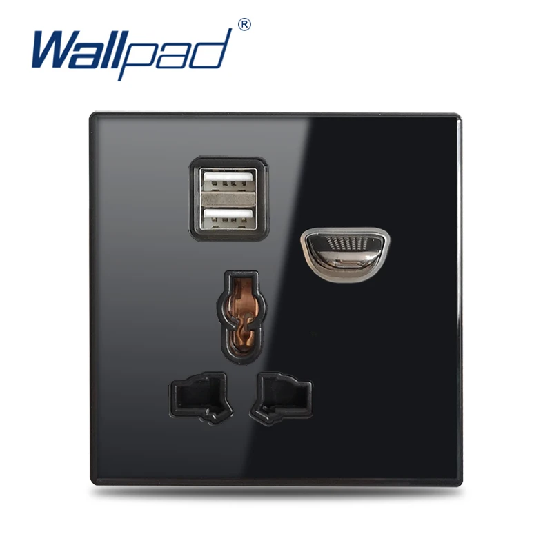 

Wallpad L6 Universal EU UK Switched Wall Socket with 2.1A Double USB Charging Port LED Indicator Black Tempered Glass Panel