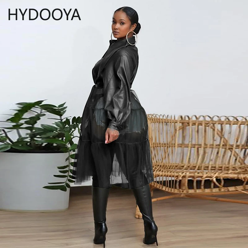 New Women Faux Leather Mesh Patchwork Long Sleeve PU Coat Jacket Turn Down Collar Belt Chic Dresses Streetwear Long Sleeve Dress