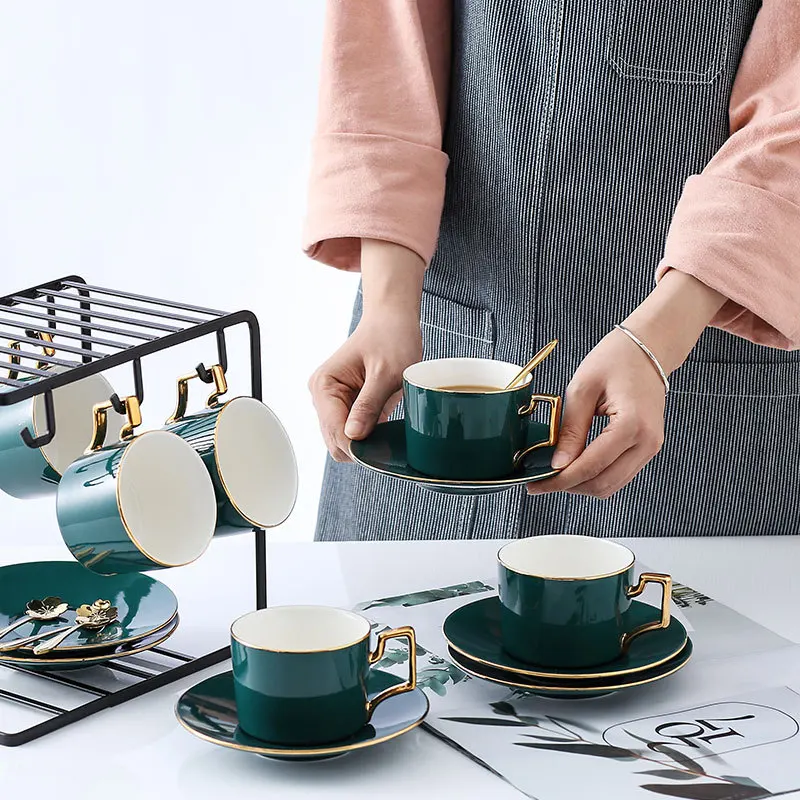 

European Simply China Exquisite Green Cup With Saucer And Holder Coffee Milk Water Tea Cup Household Party
