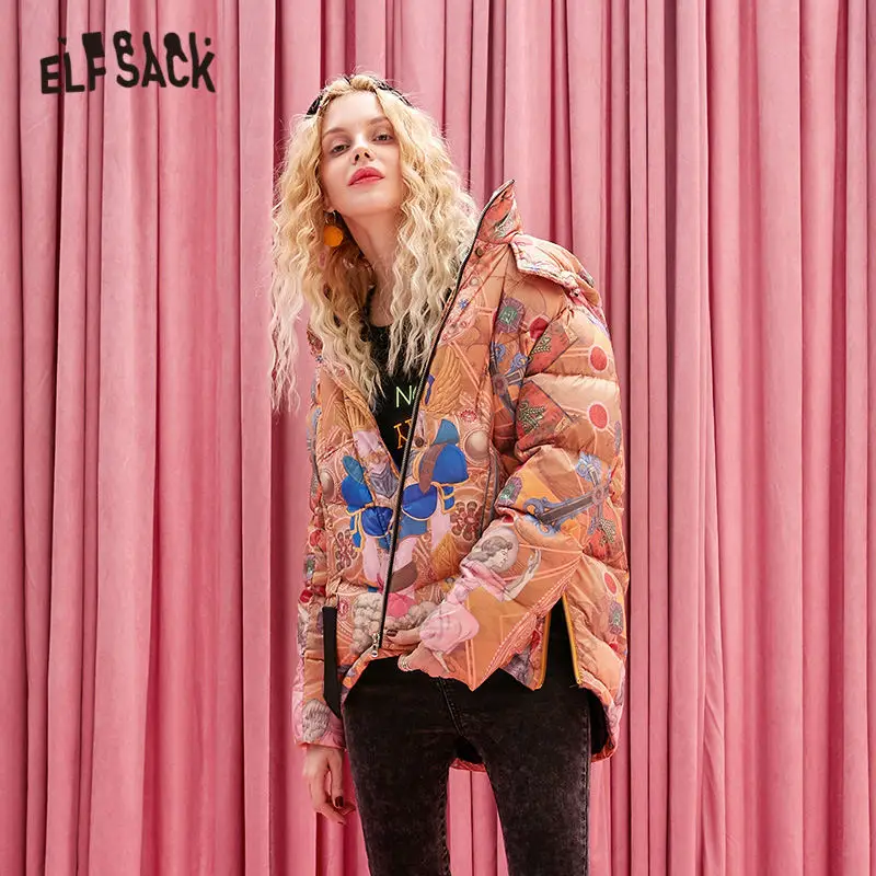 ELFSACK оранжевый цельный прямой теплый пуховик для женщин 2019 зима новинка длинный