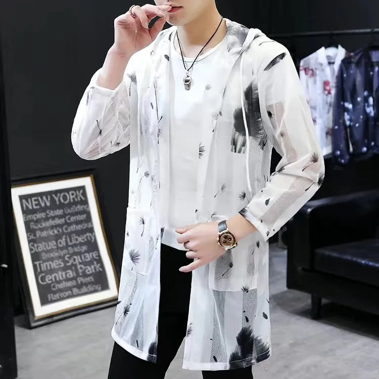 

Солнцезащитная Мужская куртка, модная ветровка с капюшоном и принтом, мужская летняя прозрачная одежда с длинным рукавом для защиты от солнца