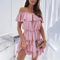 summer sexy mini short sleeve cake dress women 2021 fashion off shoulder solid patchwork ruffle elastic waist boho casual dress