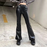 vintage black faux leather pants women autumn high waist skinny trousers ladies elegant casual fashion pants capris fashion