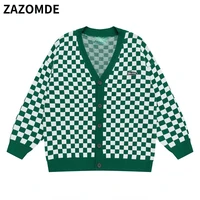 zazomde plaid cardigan sweaters men hip hop loose sweaters solid button knitting streetwear jumper male casual clothing unisex