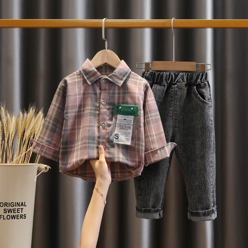 

2021 New Baby Boys Clothes Set Plaid Top+Black Jeans 2-Piece Suit Children Handsome Fashion Clothing Newborn 0 1 2 3 4 Years