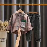 2021 new baby boys clothes set plaid topblack jeans 2 piece suit children handsome fashion clothing newborn 0 1 2 3 4 years
