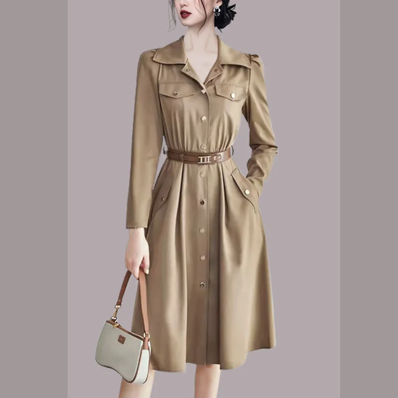 

Женское однобортное платье-рубашка, элегантное офисное платье миди цвета хаки с отложным воротником, карманами, длинным рукавом и поясом дл...