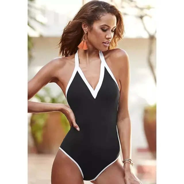 Слитный купальник, сплошной цвет, черно-белый, Быстросохнущий бикини, новый  пляжный облегающий женский купальник с открытой спиной | AliExpress
