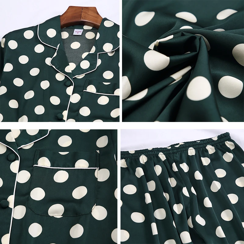 Pajamas Women Polka Dot Pijamas Sets Ice Silk Satin Sleepwer Suits Spring Fashion Homewear Long Sleeve Printing Pyjamas Rayon