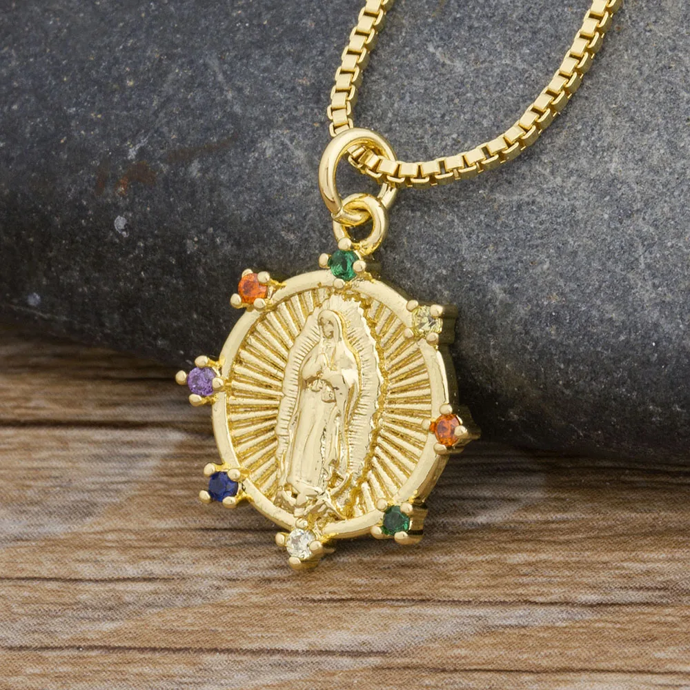 

AIBEF Gold Plated Holy Virgin Mary Pendant Necklace Religion Dainty Christian Cubic Zirconia Women Collier Charm Jewelry Gifts