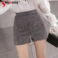 sequined skinny shorts for women 2022 new spring diamond embedded shiny high waist slimming sheath wide leg hot pants ladies