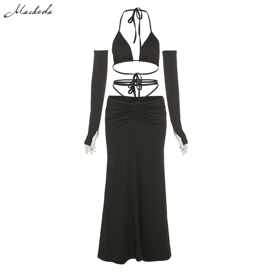 

Macheda Autumn Solid Sexy Two Pieces Set Women Slim Sleeveless Halter Crop Top And High Waist Lace Up Long Skirt Outfits Lady