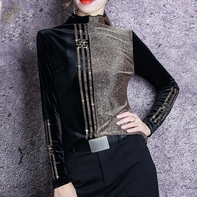 Winter Female T-shirt Bright Silk Stitching Plus Size T Shirt Women Velvet Half-high Collar Bottoming Fashion | Женская одежда