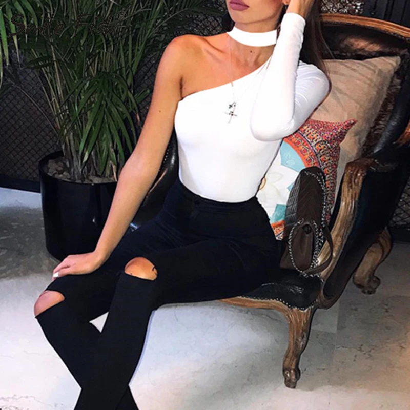 One Shoulder Long Sleeve Sexy Club Bodysuits Red Black White Bodycon Skinny Body Suit Femme Spring Women Halter M0534 |