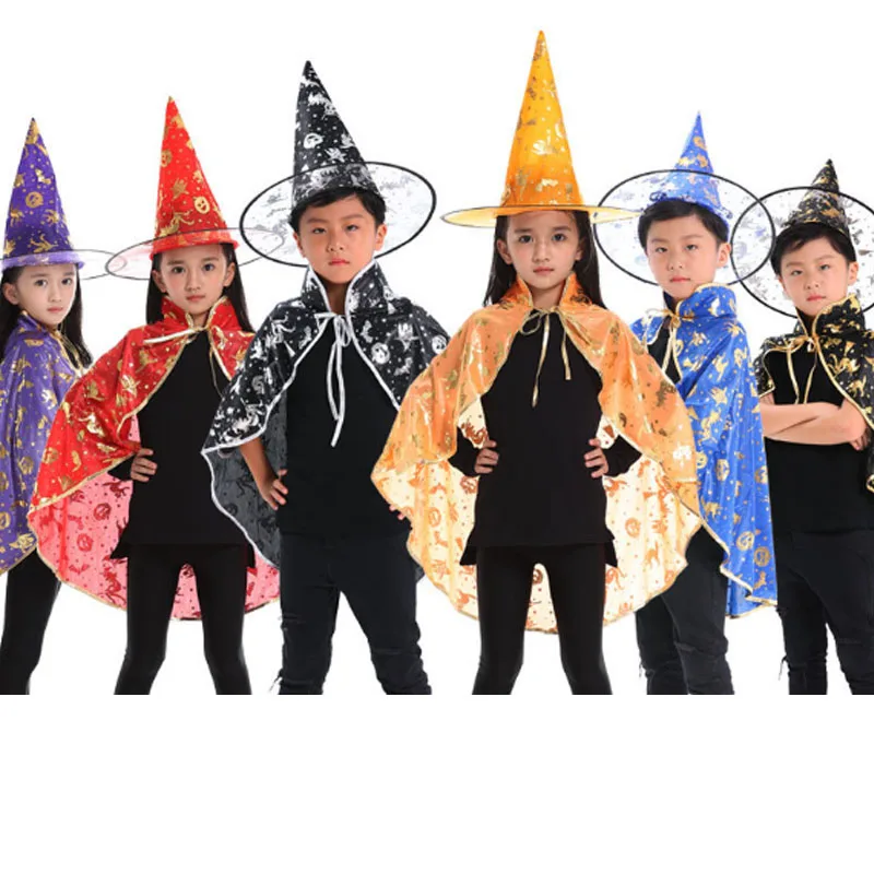 

Boy Girl Kid Children Costumes Witch Wizard Cloak Cosplay With Hat Cap Stars Fancy Dress Halloween Christmas