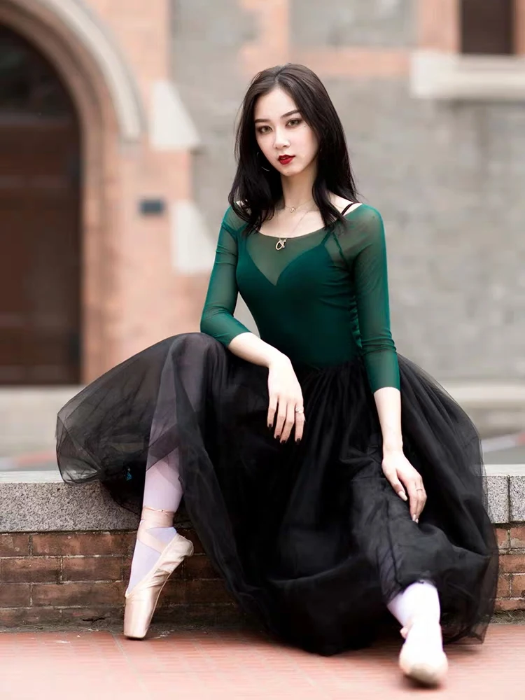 

Emerald Green Elastic Mesh Lace Long Sleeve Ballet Practice Leotard T Shirt See Through Dance Top Adults Ballerina Tee Shirts